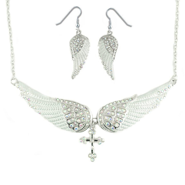 SK2253B Combo Set  White Painted Winged Leverback Earring  +  White Painted Winged Necklace White Imitation Crystals