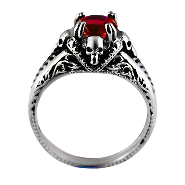 SK2262 Ladies Solitaire Skull Ring Imitation Red Stone Stainless Steel Motorcycle Biker Jewelry Sizes 5-10