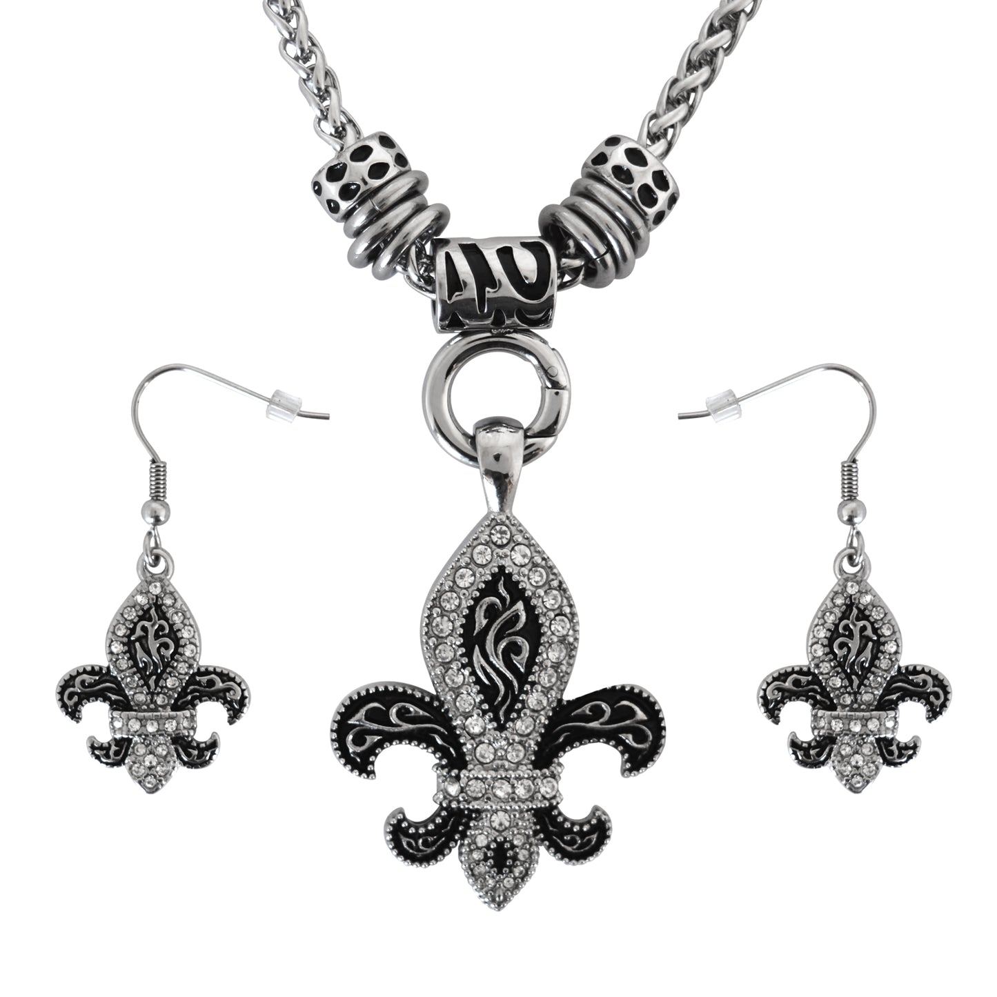 SK2278B Fleur De Lis Ladies Charm Pendant & Matching Earrings Stainless Steel Motorcycle Jewelry