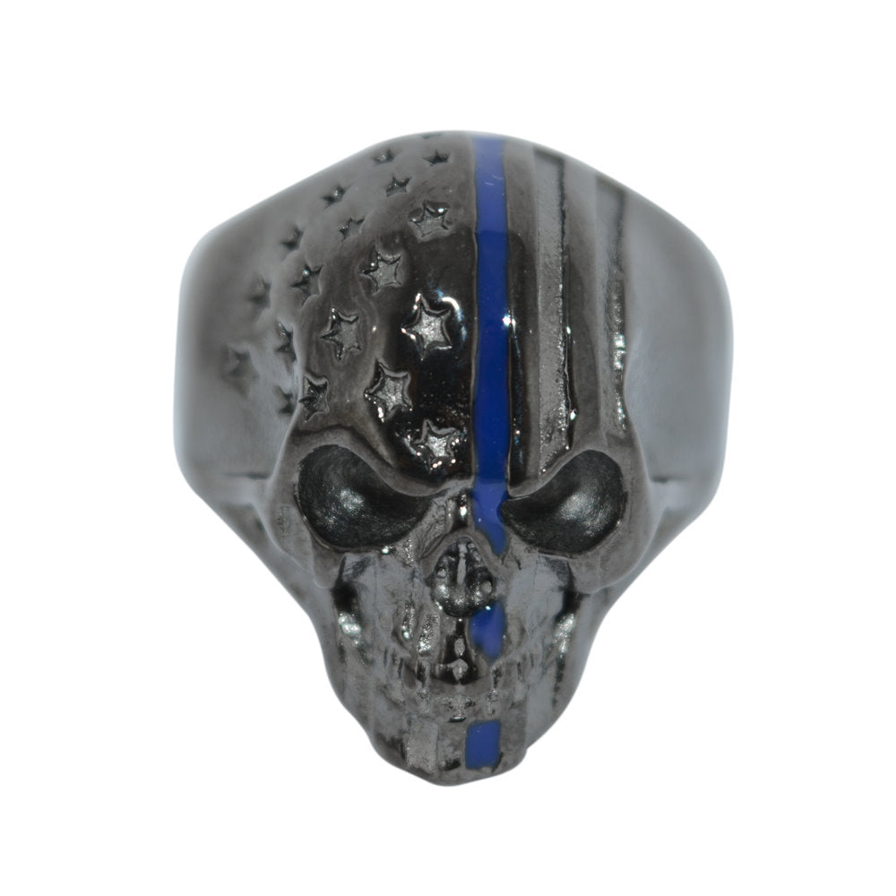 SK2305 Black Skull Ring Police Special Thin Blue Line Stainless Steel American Flag Patriot