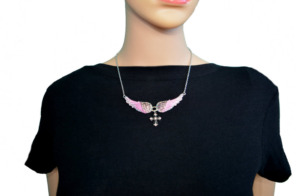 SK2325 Small Pink Painted Winged Necklace With Cross Pink Imitation Crystals