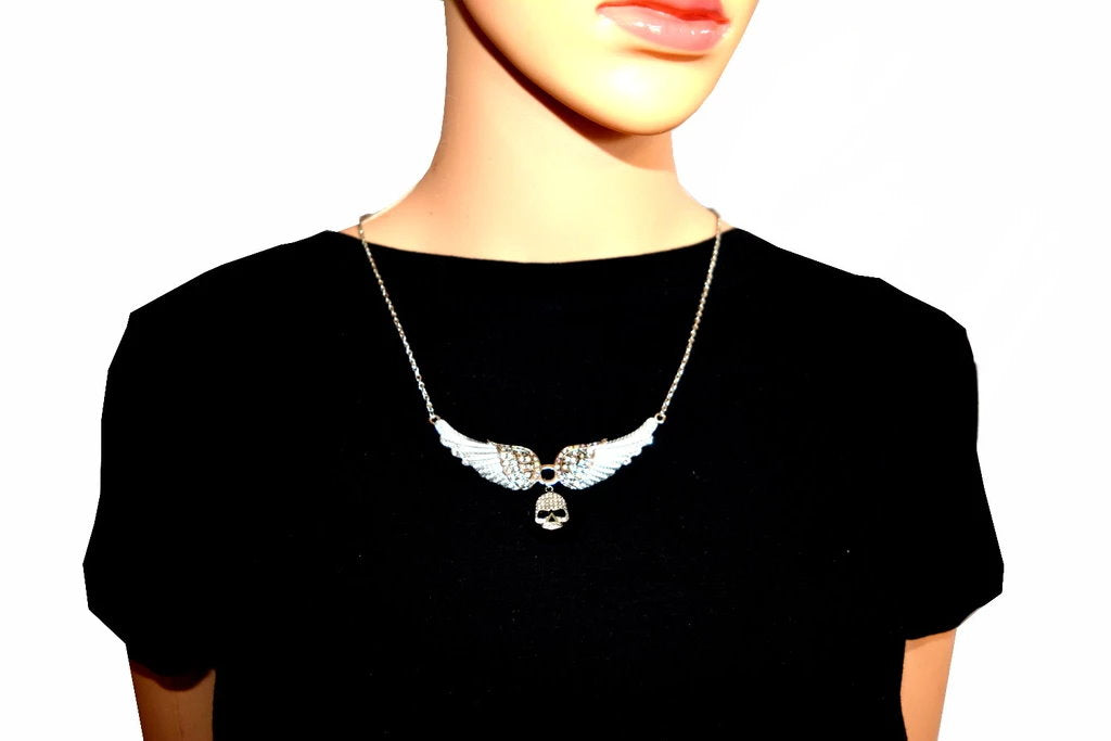 SK2307 Small White Painted Winged Necklace With Skull Iridescent Imitation Crystals