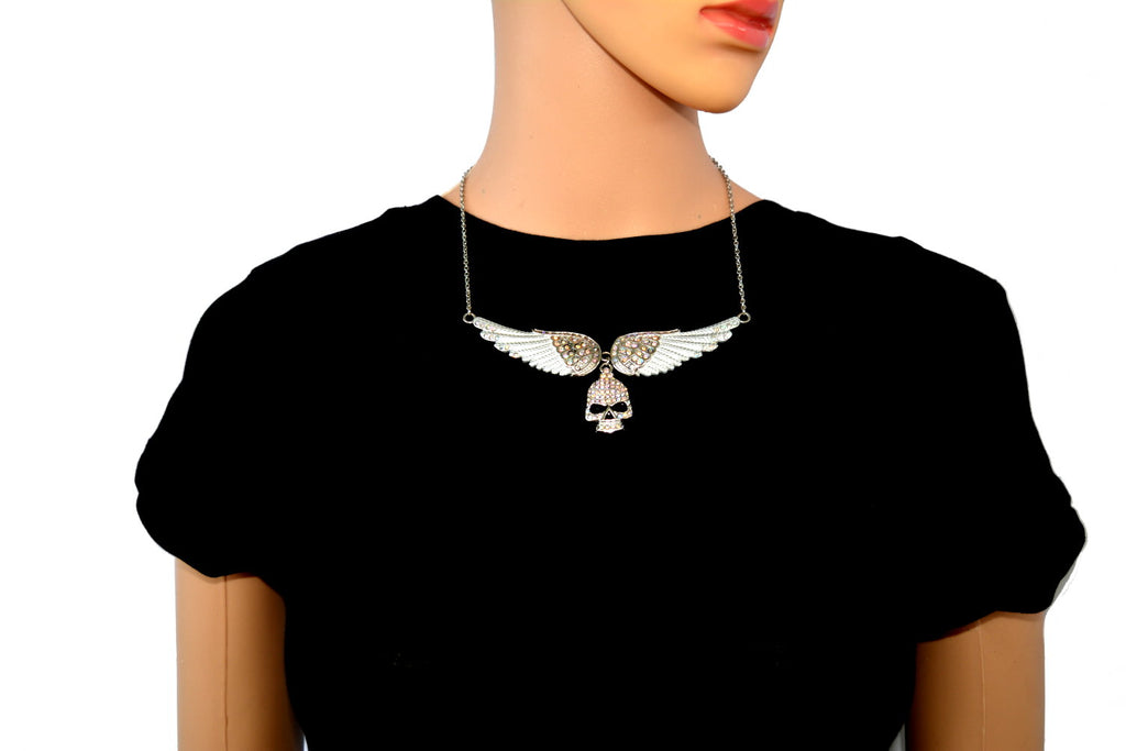 SK2311 Large White Painted Winged Necklace With Skull Iridescent Imitation Crystals