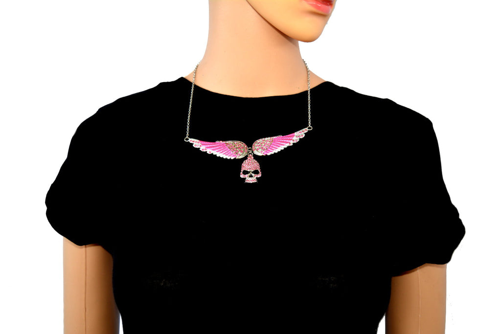 SK2312 Large Pink Painted Winged Necklace With Skull Pink Imitation Crystals