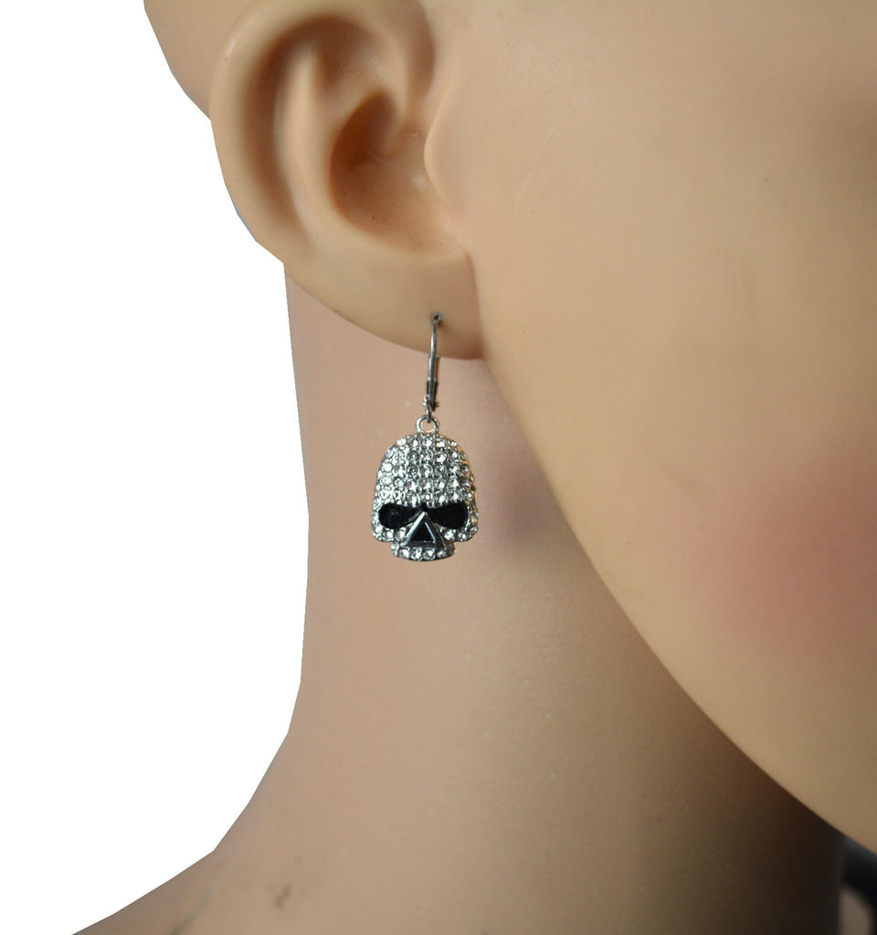 SK2357 Earrings Stainless Steel Skull Embellished Imitation Diamonds Lever Back 5/8" Tall