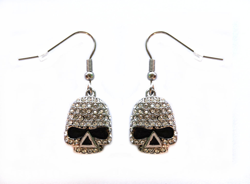 SK2358 Earrings Stainless Steel Skull Embellished Imitation Diamonds French Wire 5/8" Tall
