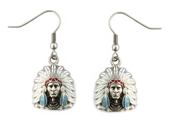 SK2364 Indian Headdress Bust Earrings Stainless Steel Red White Blue Red Brown Green Brown
