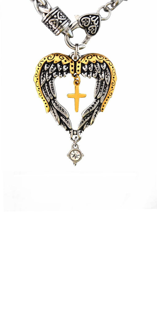 SK2393 Winged Heart Cross Imitation Diamond Pendant With 18 1/2" Foxtail Chain