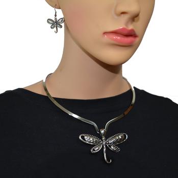 SK2525 Dragonfly Pendant Matching Earrings With Dip Cuff Necklace Stainless Steel Jewelry
