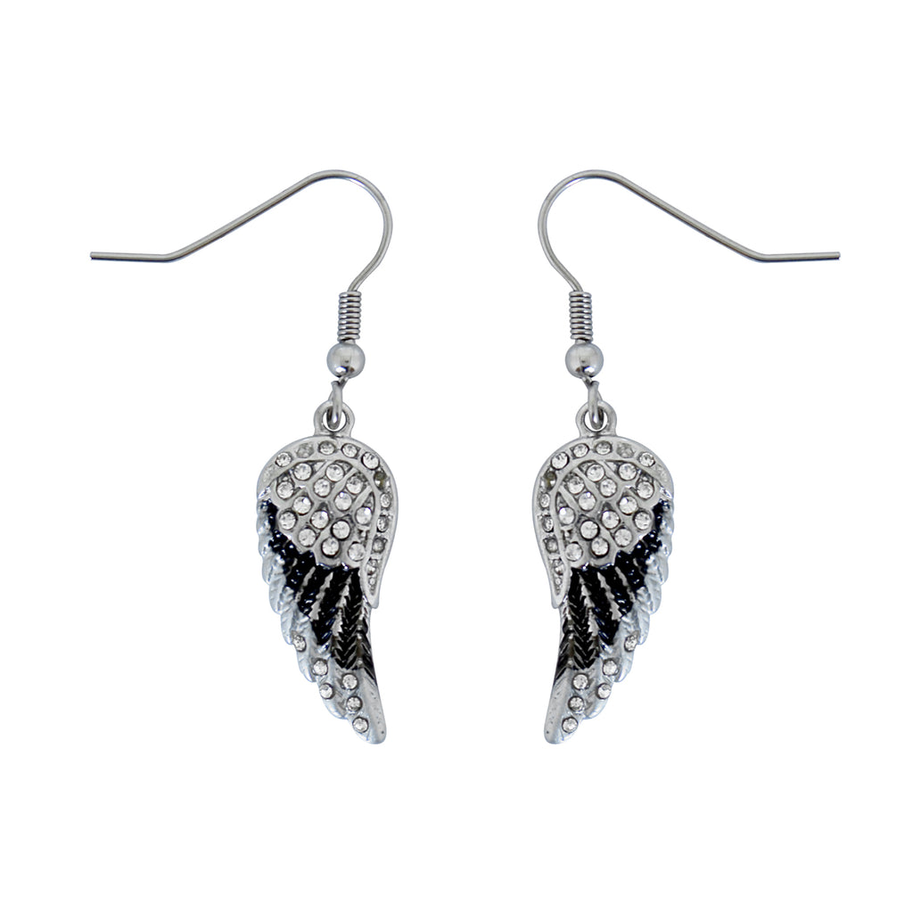 SK2537 Mini Black Painted Winged French Wire Earring White Imitation Crystals