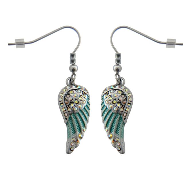 SK2541 Mini Seafoam Painted Winged French Wire Earring White Imitation Crystals