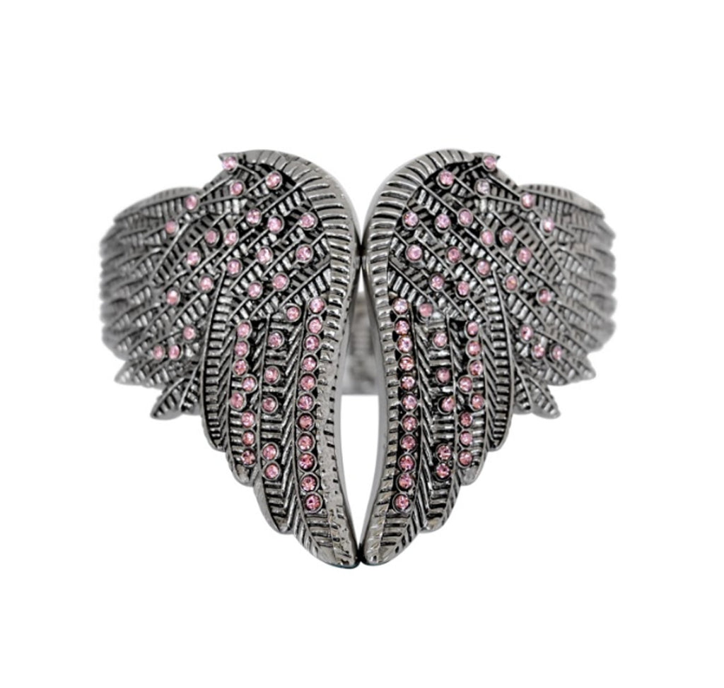 SK2553 Wings Heart Bangle Imitation Pink Diamonds Stainless Steel Heavy Metal Jewelry