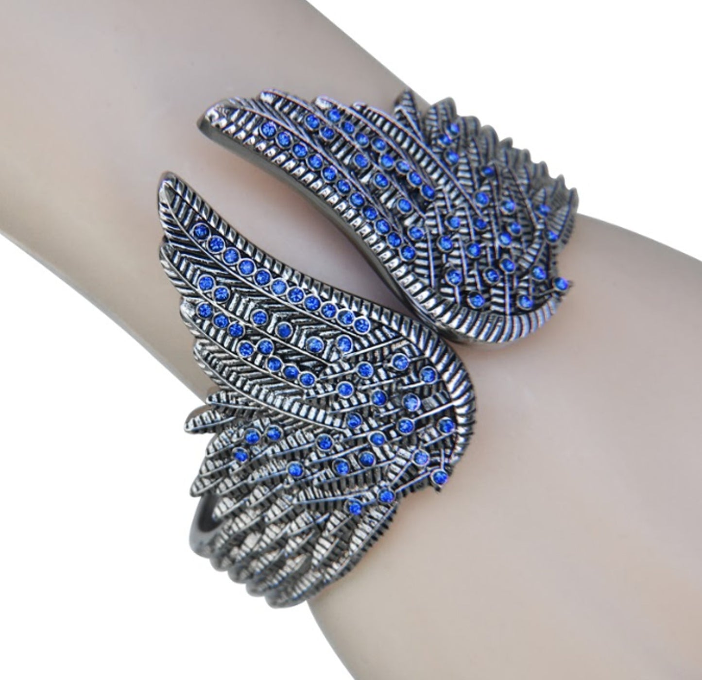 SK2554 Wings Heart Bangle Imitation Blue Diamonds Stainless