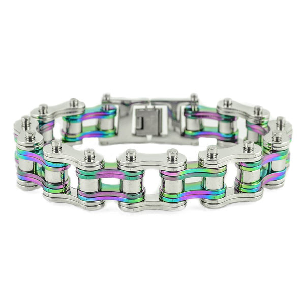 SK1281 Two Tone Silver Rainbow 3/4" Wide Double Link Design Stainless Steel Motorcycle Chain Bracelet