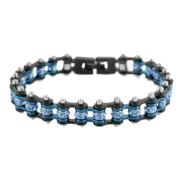 SK2202 3/8" Wide MINI MINI SIZE Two Tone Black Blue With Blue Crystal Centers Stainless Steel Motorcycle Bike Chain Bracelet