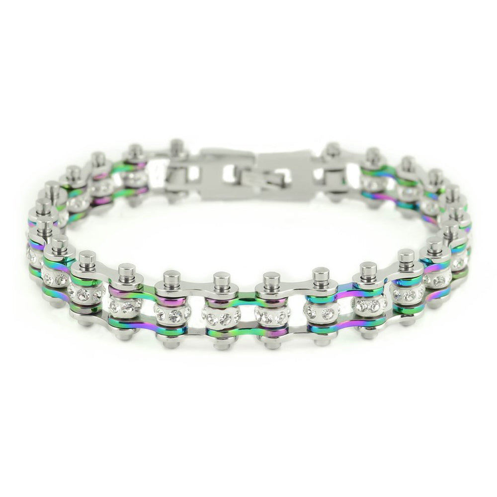 SK2207 3/8" Wide MINI MINI SIZE Two Tone Silver Rainbow With White Crystal Centers Stainless Steel Motorcycle Bike Chain Bracelet