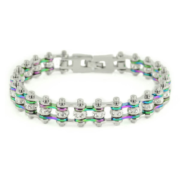 SK2207 3/8" Wide MINI MINI SIZE Two Tone Silver Rainbow With White Crystal Centers Stainless Steel Motorcycle Bike Chain Bracelet