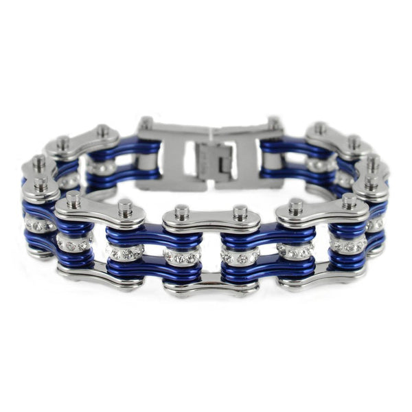 SK1200 Silver Candy Blue Crystal Rollers 3/4" Wide Double Link Design Unisex Stainless Steel Motorcycle Crystal Rollers Chain Bracelet