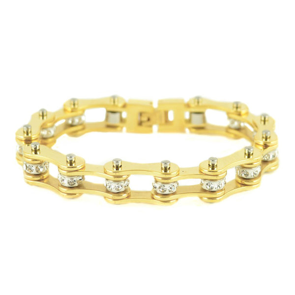 SK1853 1/2" Wide All Yellow Tone White Crystal Rollers Ladies Stainless Steel Motorcycle Chain Bracelet
