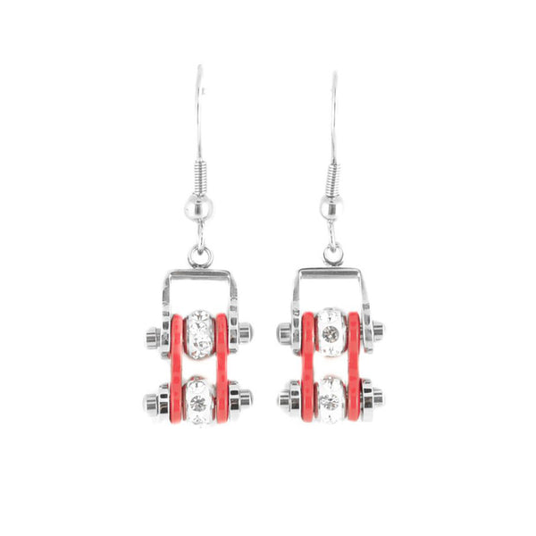 SK2001E  MINI Two Tone Silver Red With Crystal Centers Bike Chain Earrings Stainless Steel Motorcycle Biker Jewelry