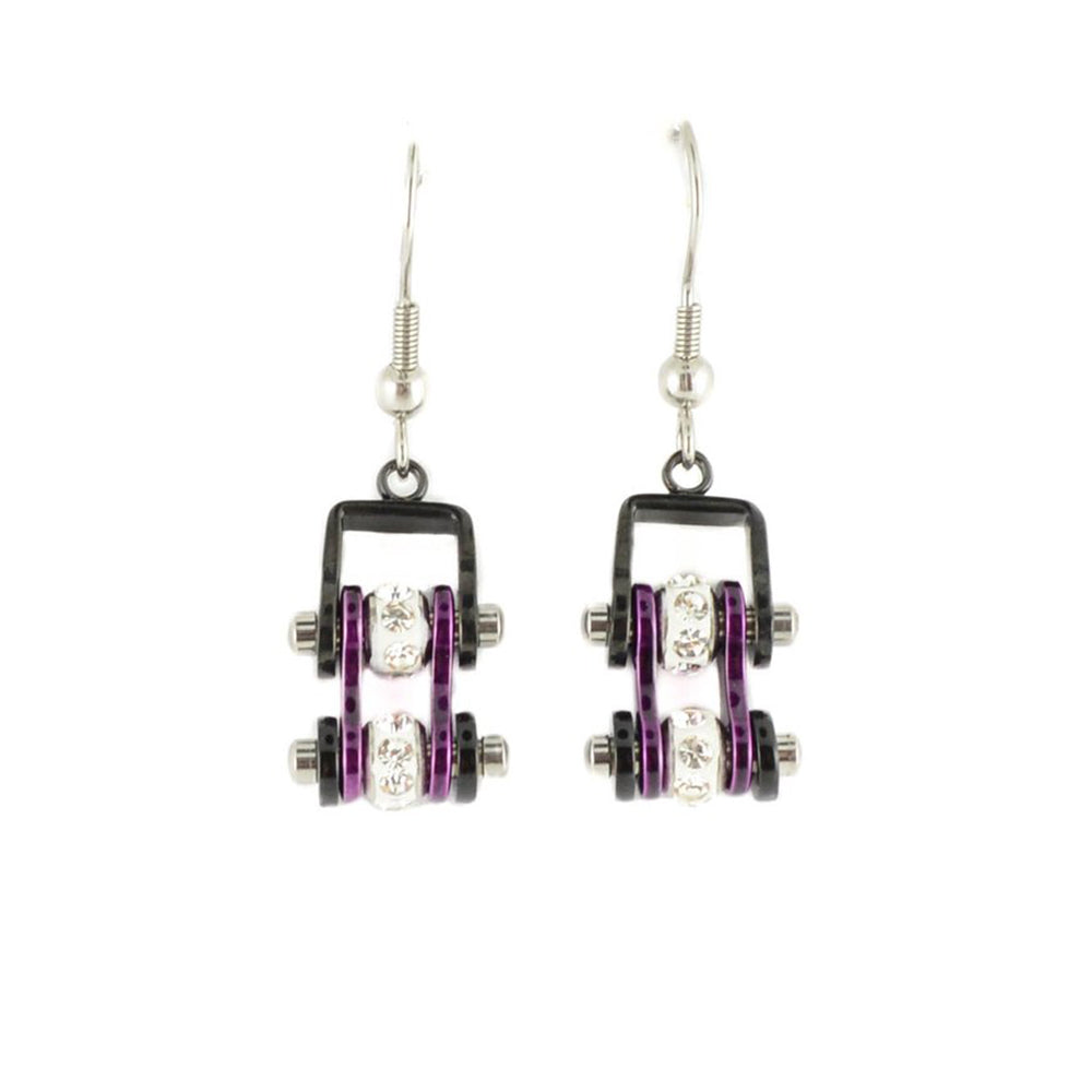 SK2009E  MINI Two Tone Black Candy Purple With Crystal Centers Bike Chain Earrings Stainless Steel Motorcycle Biker Jewelry