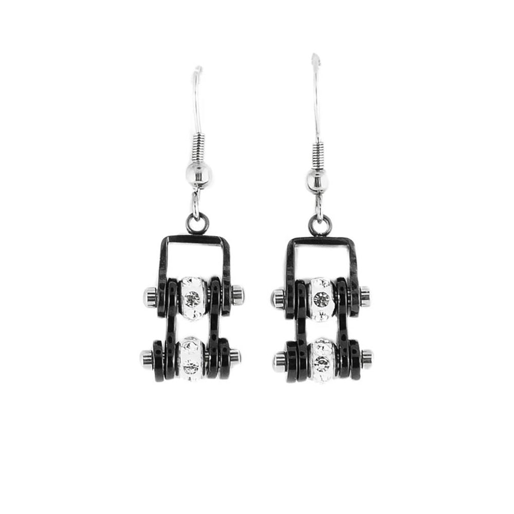 SK2017E  MINI All Black With Crystal Centers Bike Chain Earrings Stainless Steel Motorcycle Biker Jewelry