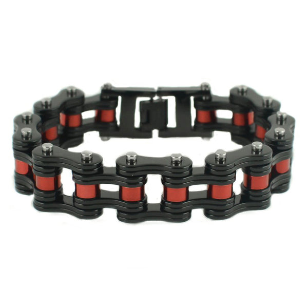 SK1815 3/4" Wide Black With Candy Red Rollers Double Link Design Unisex Stainless Steel Motorcycle Chain Bracelet