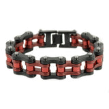SK1831 Two Tone Black Candy Red Rollers 3/4" Wide Double Link Design Unisex Stainless Steel Motorcycle Chain Bracelet