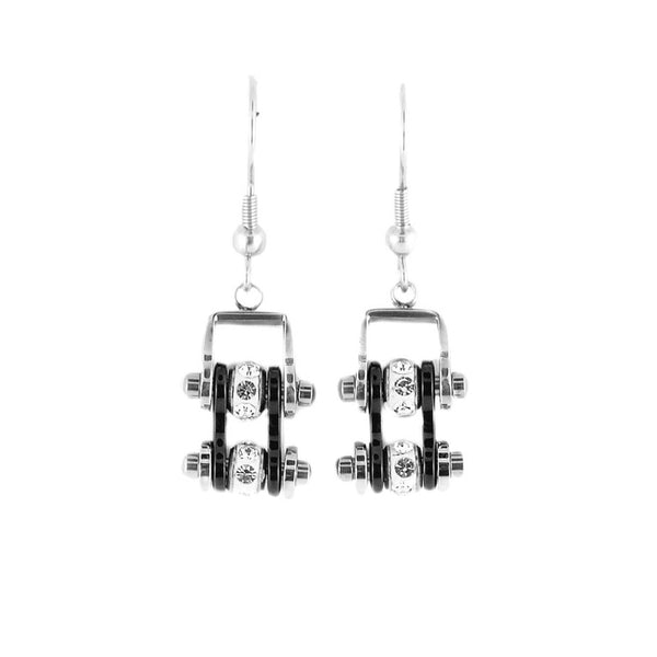 SK2016E  MINI Two Tone Silver Black With Crystal Centers Bike Chain Earrings Stainless Steel Motorcycle Biker Jewelry