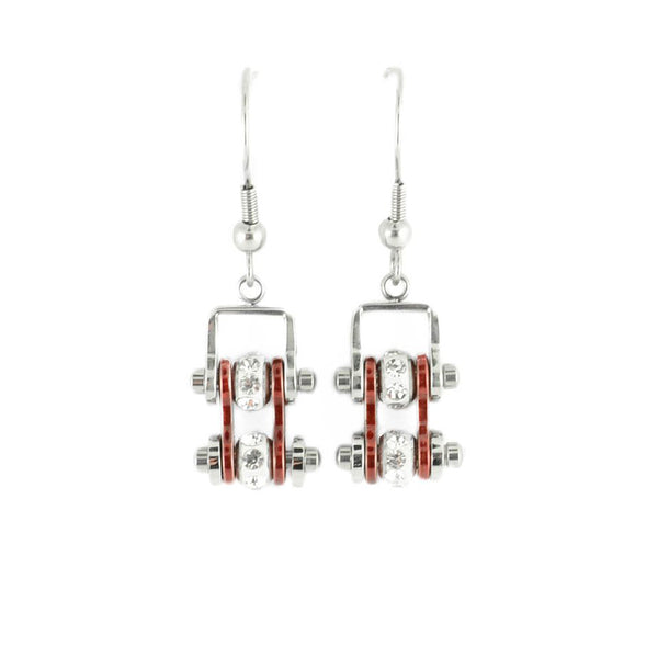 SK2014E  MINI Two Tone Silver Candy Red With Crystal Centers Bike Chain Earrings Stainless Steel Motorcycle Biker Jewelry