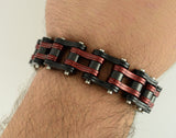 SK1819 Two Tone Black Candy Red 3/4" Wide Double Link Design Unisex Stainless Steel Motorcycle Chain Bracelet