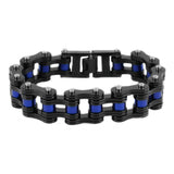 SK1827 3/4" Wide Black With Blue Rollers Unisex Stainless Steel Motorcycle Chain Bracelet