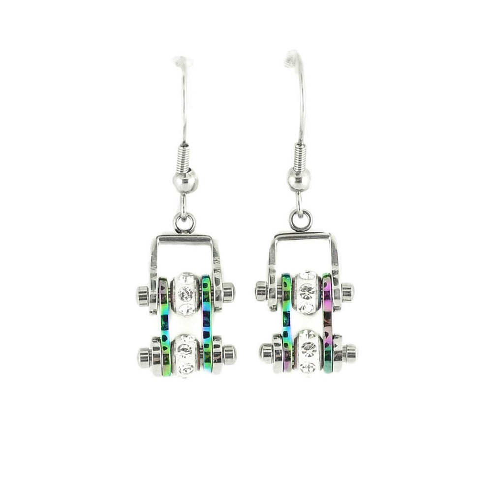 SK2207E  MINI Two Tone Silver Rainbow With Crystal Centers Bike Chain Earrings Stainless Steel Motorcycle Biker Jewelry