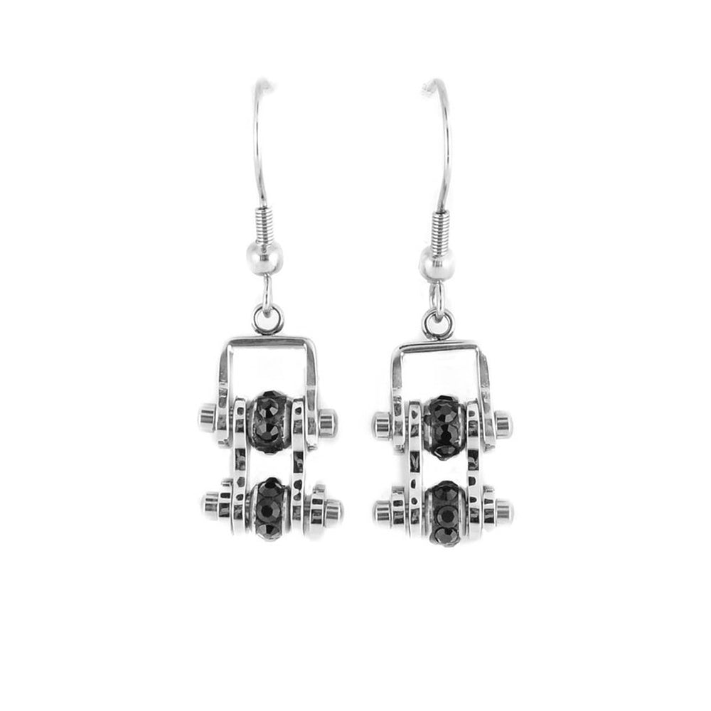 SK2206E  MINI All Stainless Black Crystal Centers Bike Chain Earrings Stainless Steel Motorcycle Biker Jewelry