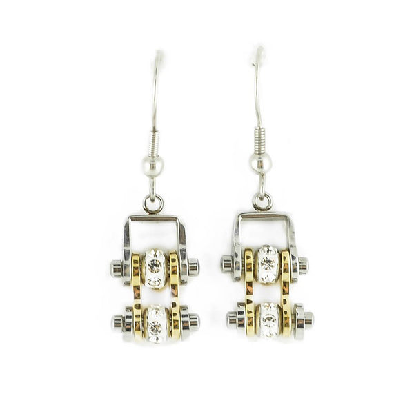 SK2096E  MINI Two Tone Silver Gold With Crystal Centers Bike Chain Earrings Stainless Steel Motorcycle Biker Jewelry