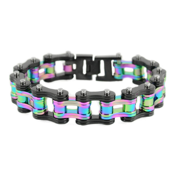 SK1838 Two Tone Black Rainbow 3/4" Wide Double Link Design Stainless Steel Motorcycle Chain Bracelet
