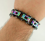 SK1838 Two Tone Black Rainbow 3/4" Wide Double Link Design Stainless Steel Motorcycle Chain Bracelet