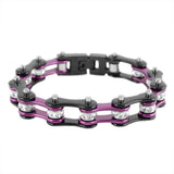 SK1109 1/2" Wide Two Tone Black Purple With White Crystal Centers Stainless Steel Motorcycle Bike Chain Bracelet