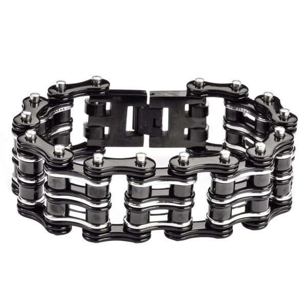 SK1136 Bike Chain Bracelet 1" Wide Black Silver Unisex Stainless Steel Motorcycle Chain Bracelet