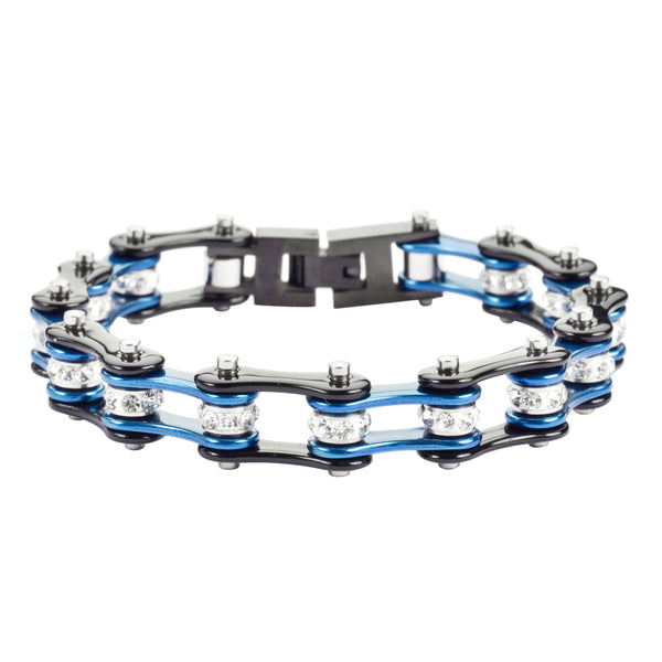 SK1223 1/2" Wide Two Tone Black Blue With White Crystal Centers Stainless Steel Motorcycle Bike Chain Bracelet