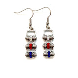 SK2342E MINI MINI Red White and Blue With Crystal Centers Bike Chain Earrings Stainless Steel Motorcycle Biker Jewelry