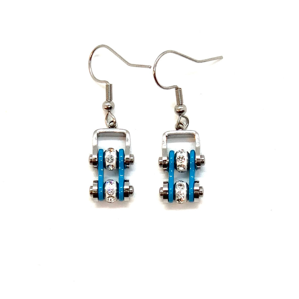 SK2004E MINI Two Tone Silver Turquoise With Crystal Centers Bike Chain Earrings Stainless Steel Motorcycle Biker Jewelry