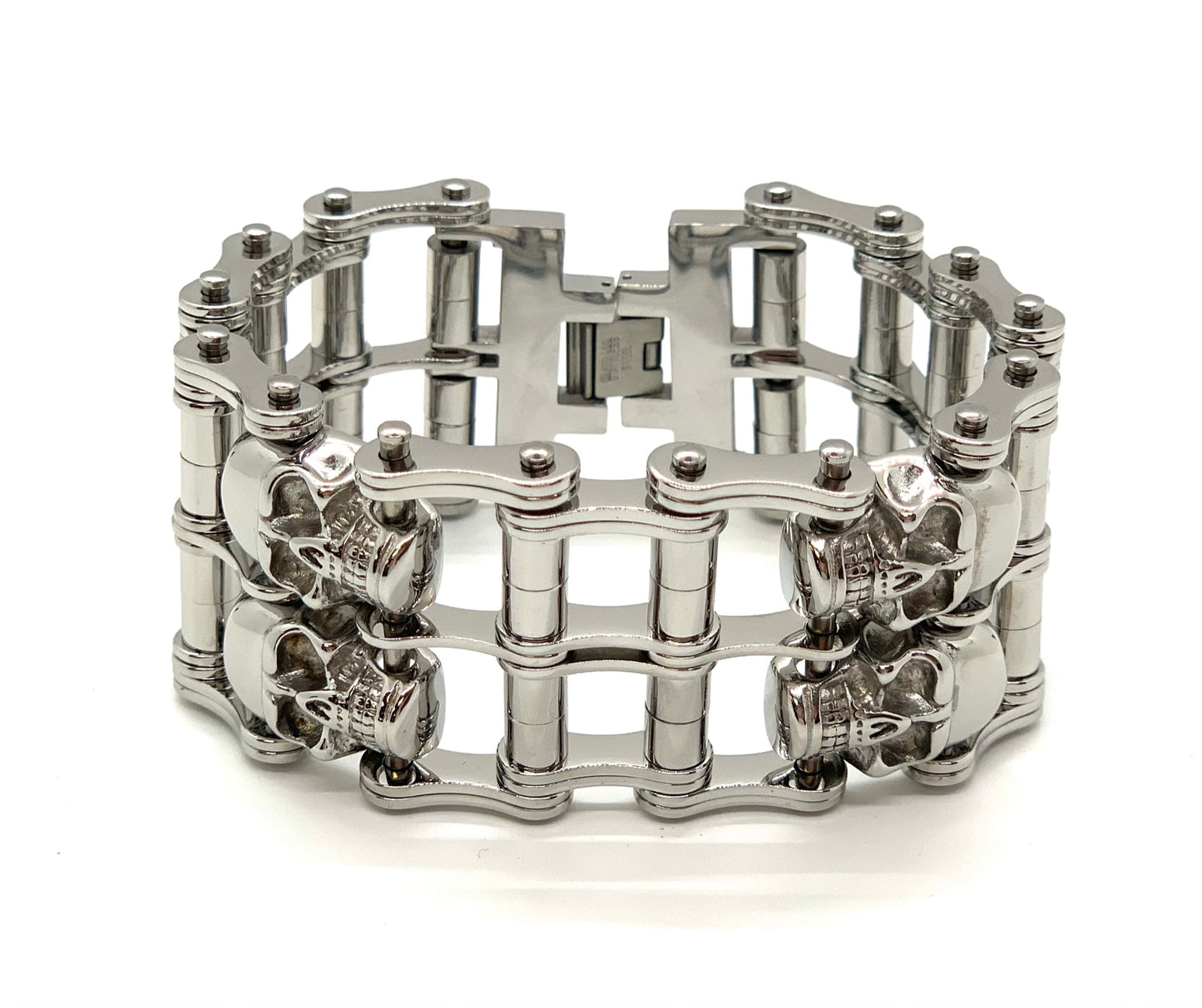 SK1180 1.5" Wide All New Double Skull Design Stainless Steel Motorcycle Chain Bracelet