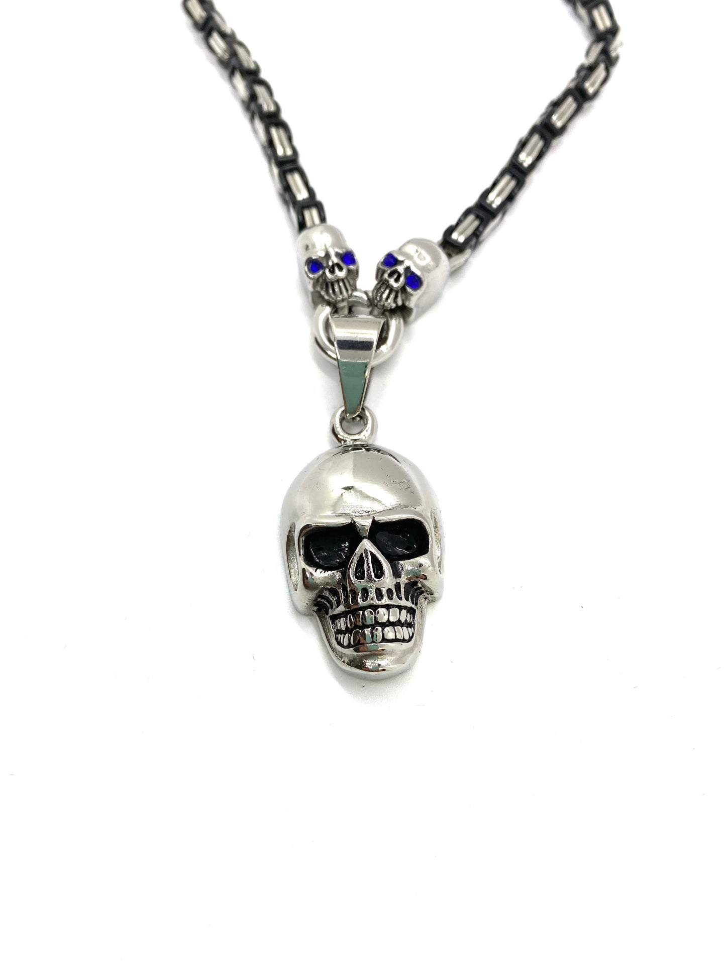 SK2353L Byzantine Necklace 4 mm With Skull Pendant with blue crystals - Ladies  19 1/2"