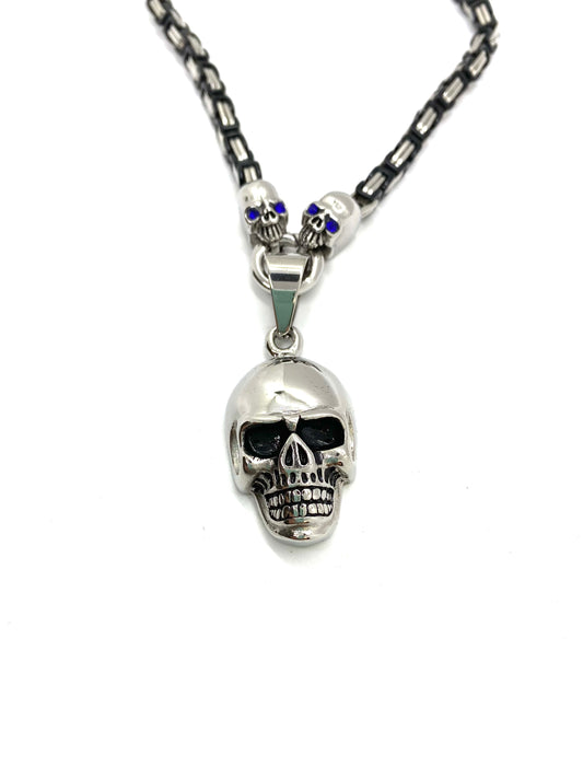 SK2353L Byzantine Necklace 4 mm With Skull Pendant with blue crystals - Ladies  19 1/2"