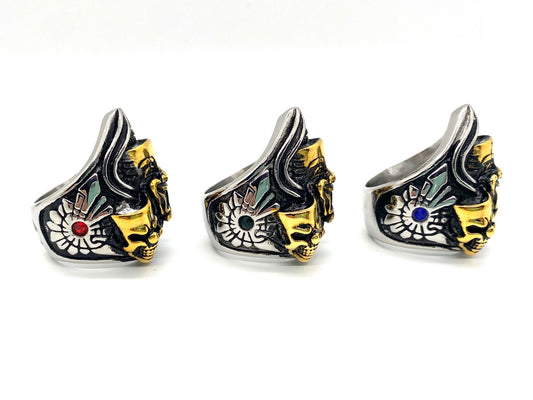 SK1846 Comedy Tragedy Ring - Heavy 316L Stainless with Gold Tone Inlay and Side Stone