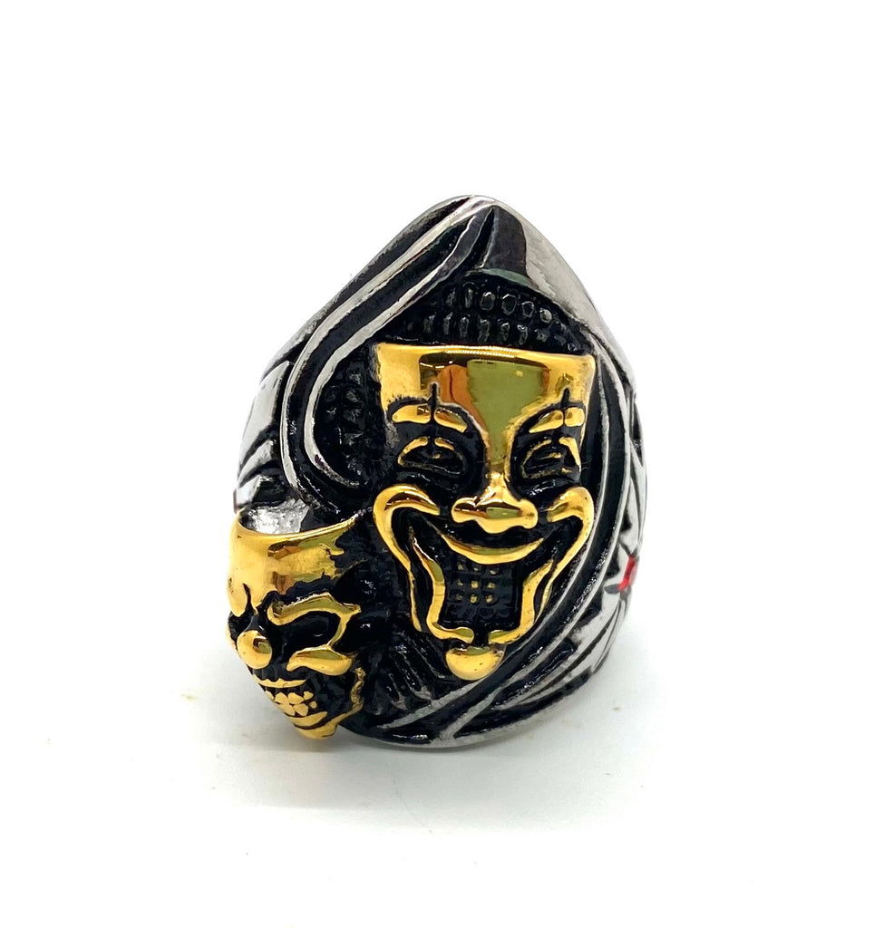 Comedy Tragedy Ring - Heavy 316L Stainless with Gold Tone Inlay and Side Stone