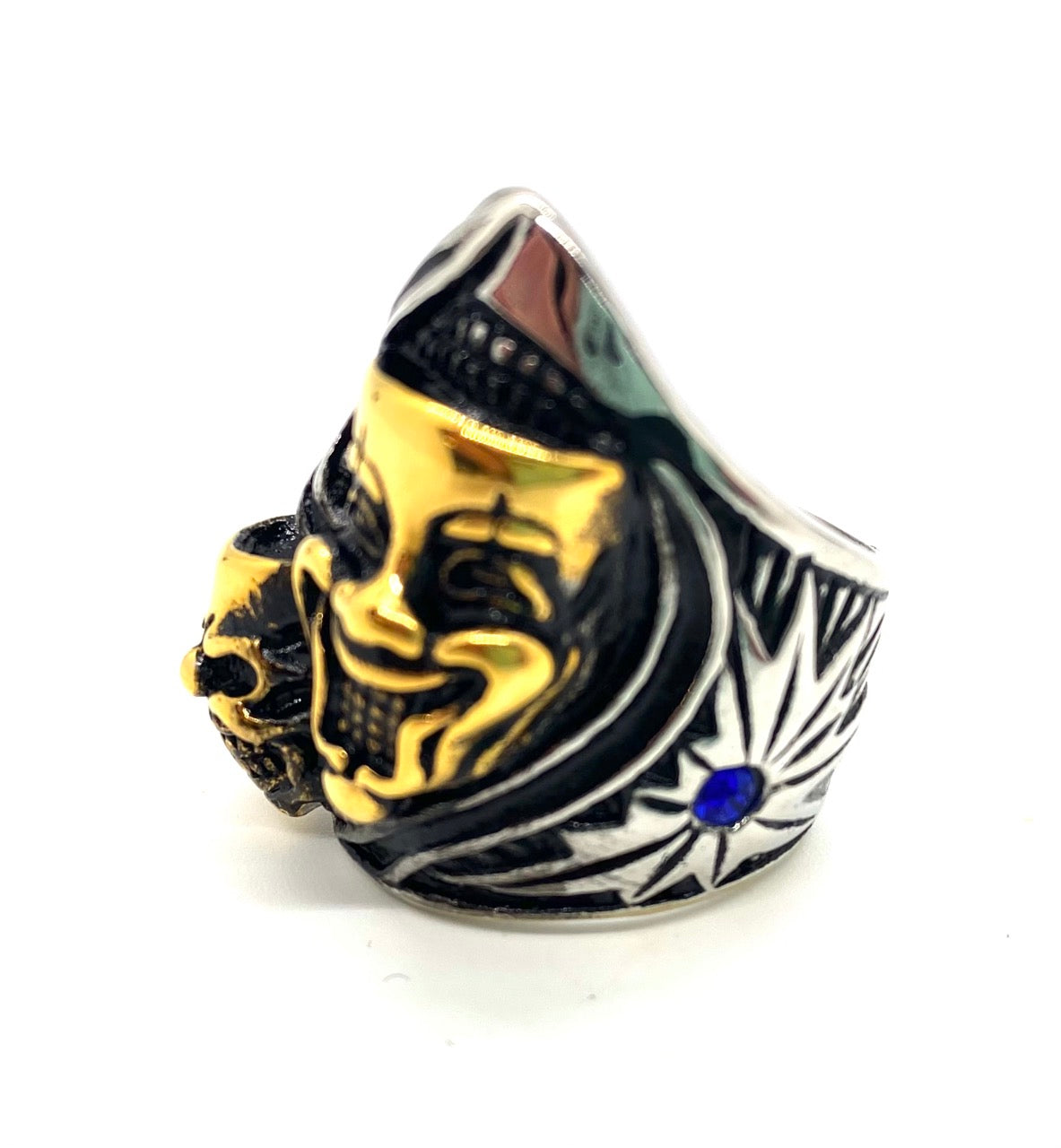 SK1846 Comedy Tragedy Ring - Heavy 316L Stainless with Gold Tone Inlay and Side Stone