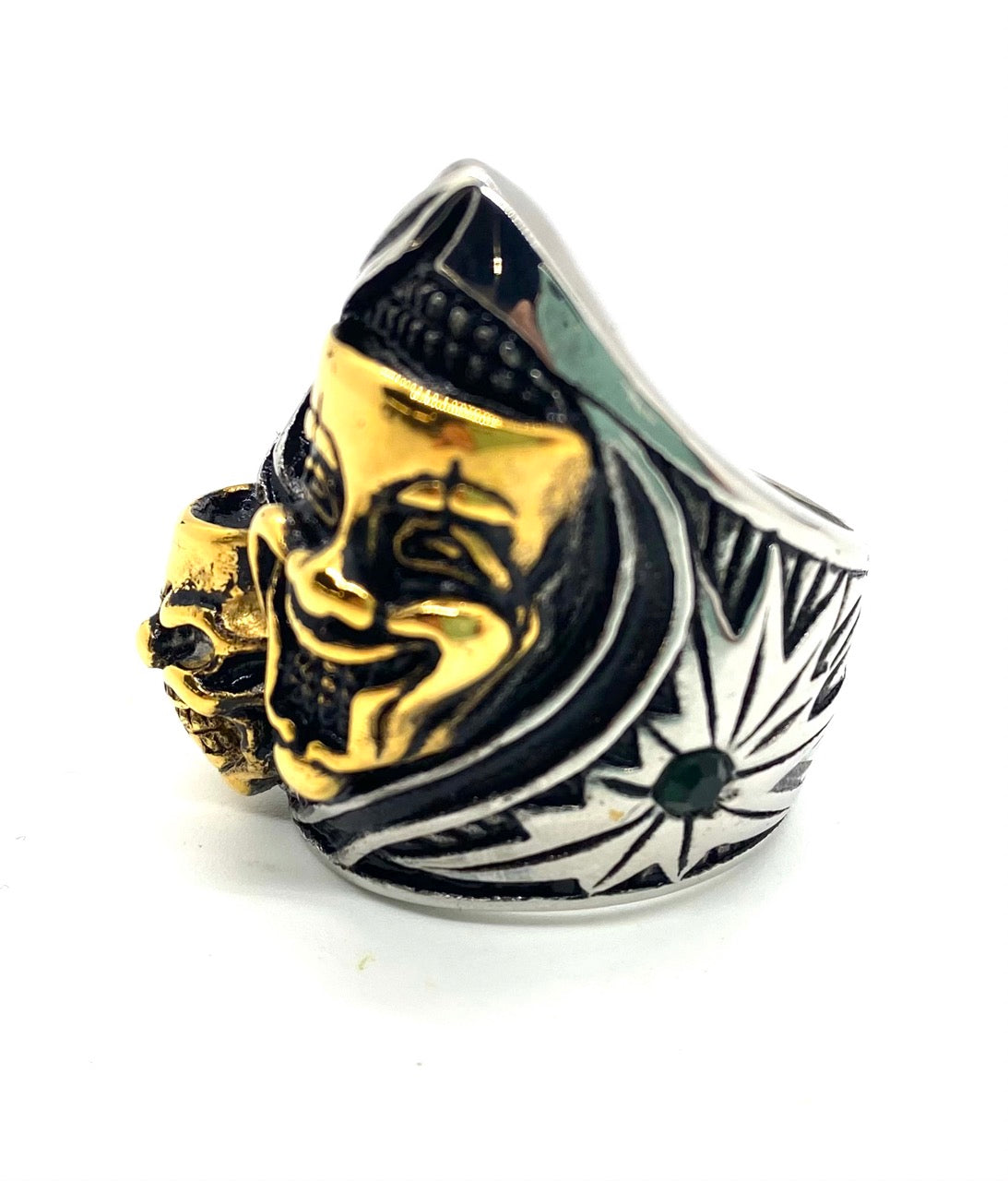 SK1846 Comedy Tragedy Ring - Heavy 316L Stainless with Gold Tone Inlay and Side Stone