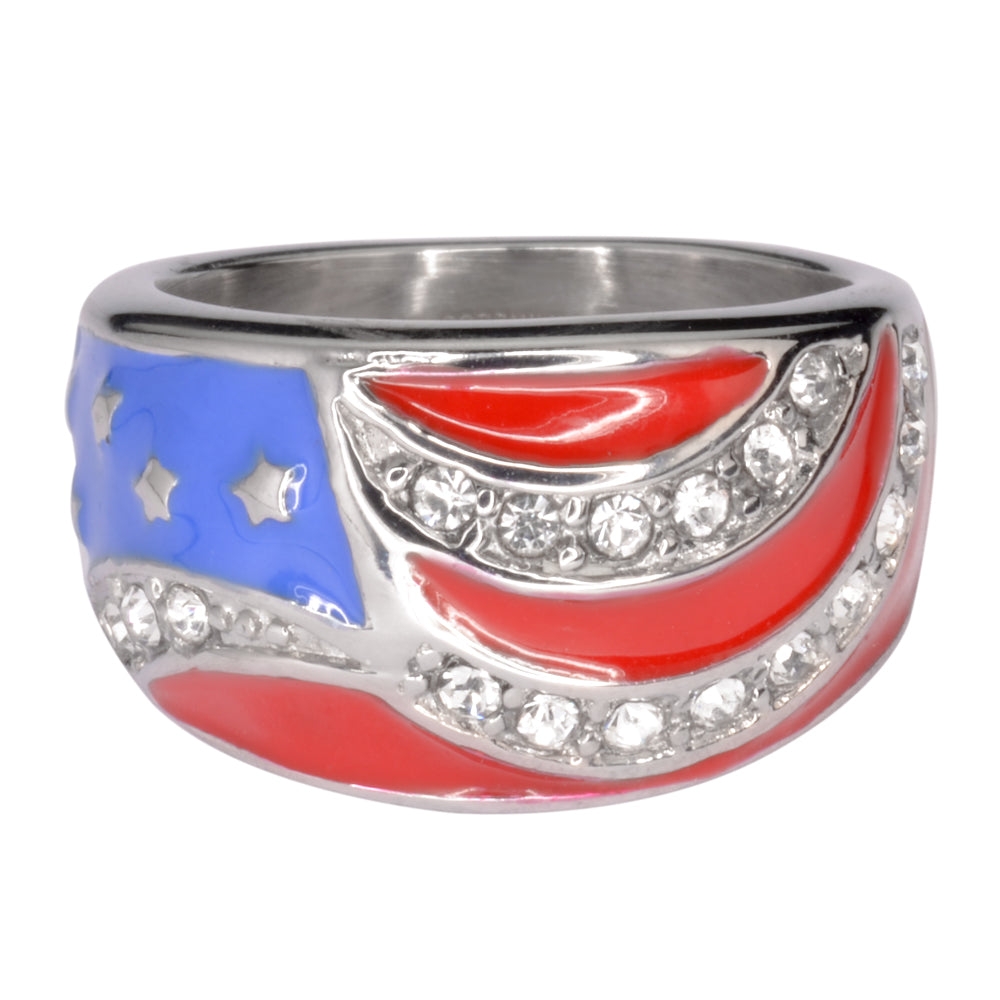 SK1006 Ladies American Flag Ring Imitation Diamonds Stainless Steel Patriotic Jewelry